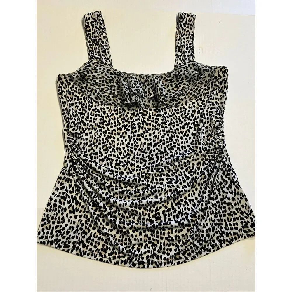 White House Black Market Leopard Print Ruffle Tank Top Size L Ruched Sides Sleev
